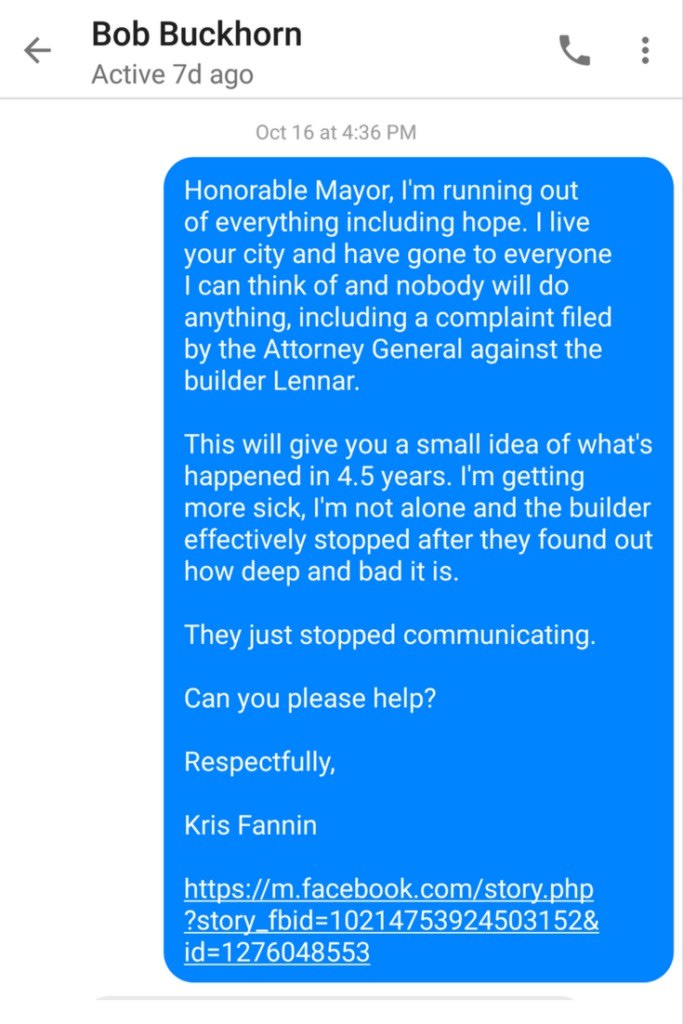 facebook message 1 to mayor bob buckhorn lennar complaints 10162017